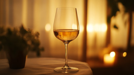 High-definition shot of a single wine glass with a rich, golden white wine, elegantly set on a table with soft, ambient lighting in the background.の素材