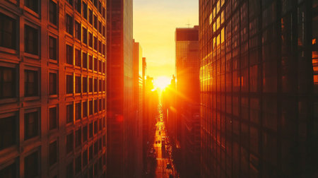 High-definition view of a sunset between two tall buildings, with the sun casting a warm, orange hue across the urban landscape and creating striking contrasts.の素材