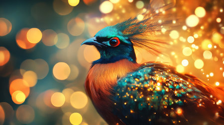 High-resolution close-up of a bird with a stunning, vibrant plumage, set against a backdrop of shimmering lights for a glamorous and enchanting visual effect.の素材