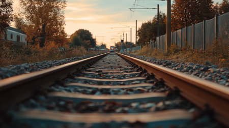 High-definition shot of a railway track with a train approaching in the distance, capturing the movement and the structure of the tracks.の素材