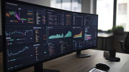 High-definition shot of a financial dashboard with multiple graphs, including line charts and pie charts, displayed on a large monitor.の素材