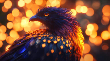 High-resolution close-up of a beautiful bird with intricate plumage, set against a backdrop of warm, glowing lights that enhance its vivid colors.の素材