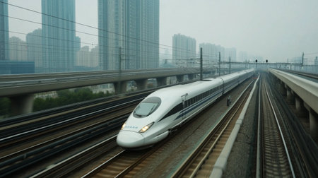 High-definition shot of a high-speed train on elevated tracks, emphasizing its sleek profile and the impressive infrastructure supporting its rapid transit.の素材
