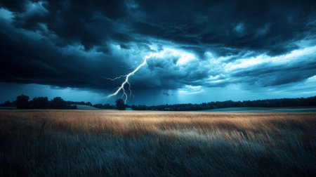 High-definition shot of a lightning storm over a rural landscape, with dark clouds and bright lightning illuminating the field and stormy atmosphere.の素材
