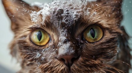 High-resolution close-up of a cat's face during bath time, with water running over its fur and its eyes wide open, capturing the intricate details of its grooming process.の素材