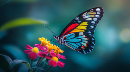High-resolution close-up of a butterfly perched on a flower, showcasing its colorful wings, delicate details, and the flower's texture.の素材