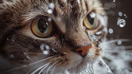 High-resolution close-up of a cat's face during bath time, with water running over its fur and its eyes wide open, capturing the intricate details of its grooming process.の素材