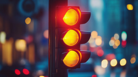High-resolution close-up of a traffic light in the process of changing from yellow to red, capturing the transition and the surrounding traffic.の素材