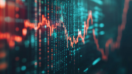 High-resolution close-up of a digital financial graph with candlestick patterns, emphasizing the volatility and performance of market assets.の素材