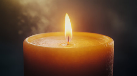High-resolution close-up of a candle flame surrounded by a soft halo of light, creating a serene and atmospheric mood in a softly lit spaceの素材