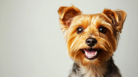 High-resolution close-up of a dog with a shiny, well-groomed coat and a happy expression, showcasing its adorable features in a clean, simple background.の素材