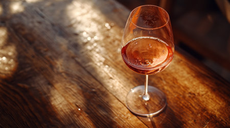 High-resolution close-up of a wine glass on a polished wooden table, with a delicate pour wine and a hint of condensation on the glass.の素材