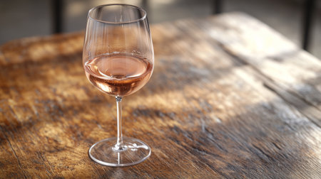 High-resolution close-up of a wine glass on a polished wooden table, with a delicate pour wine and a hint of condensation on the glass.の素材