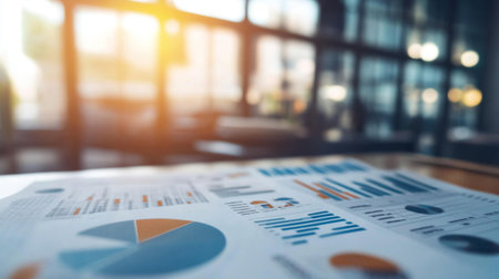 High-resolution close-up of a financial report with graphs and charts, showcasing detailed analysis and data visualization on a modern desk.の素材
