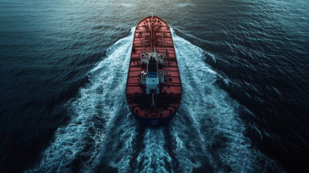 High-resolution image of a cargo ship sailing on the open sea, showcasing the ship massive size and its wake cutting through the water.の素材