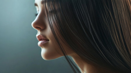 High-resolution image of a woman with sleek, straight hair falling gracefully over her shoulders, captured in soft, natural light to emphasize its smoothness.の素材