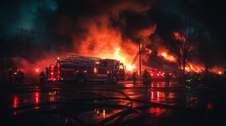 High-resolution shot of a fire truck at the scene of a large blaze, with firefighters working to contain the fire and thick smoke enveloping the area.の素材