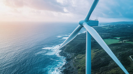High-resolution shot of a wind turbine on a coastal landscape, with its blades turning in the ocean breeze, highlighting its integration into the natural environment.の素材