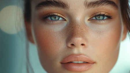 High-resolution close-up of a woman with beautifully done makeup, including elegant eye makeup and a soft, natural lip color, capturing her graceful style.の素材