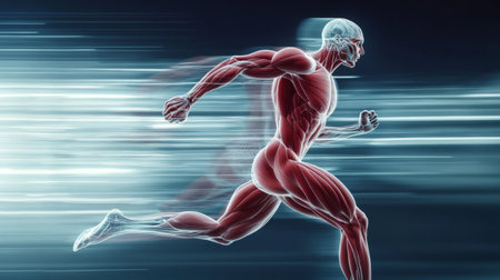 High-resolution shot of a human body in motion, focusing on the dynamic movement of muscles and joints, illustrating physical activity and fitnessの素材