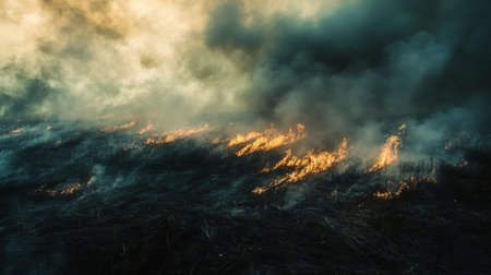 High-resolution view of smoke spreading through a field, with a focus on the smoke interaction with the environment and the fire intensity.の素材