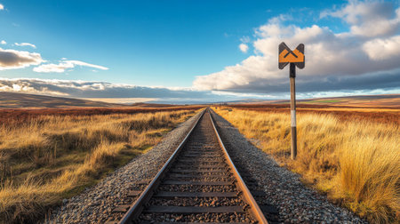 High-resolution view of a railway track with a signal post and railway sign, set in a rural area with a wide open sky and distant landscape.の素材