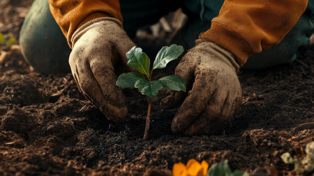 High-resolution image of a gardener planting a sapling in a garden bed, showing detailed soil preparation and the young tree's placement.の素材