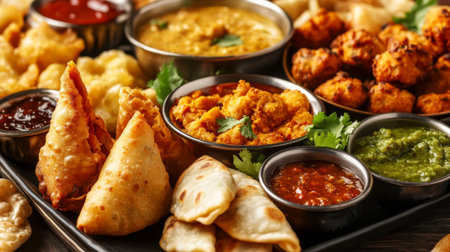 High-resolution image of a plate of assorted Indian appetizers, including samosas, pakoras, and chutneys, with detailed focus on their textures and colors.の素材