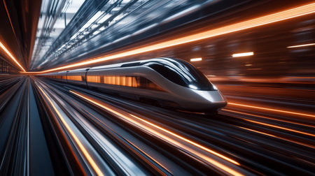 High-resolution view of a high-speed train on a dedicated track, highlighting the specialized rail system and the train's impressive speed capabilities.の素材