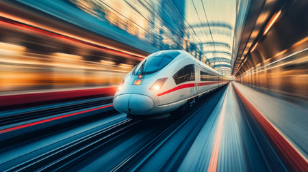 High-resolution view of a high-speed train on a dedicated track, highlighting the specialized rail system and the train's impressive speed capabilities.の素材