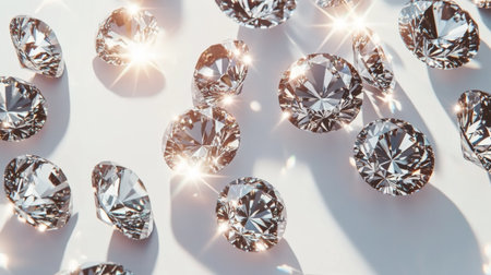 Multiple diamonds of various sizes scattered elegantly on a white background, with each gem catching and reflecting light in a dazzling display.の素材