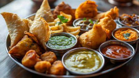 High-resolution image of a plate of assorted Indian appetizers, including samosas, pakoras, and chutneys, with detailed focus on their textures and colors.の素材