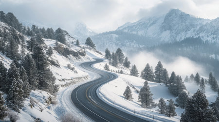 Scenic shot of a mountain road meandering through a snowy landscape, with pristine white snow covering the surrounding peaks and evergreen trees.の素材