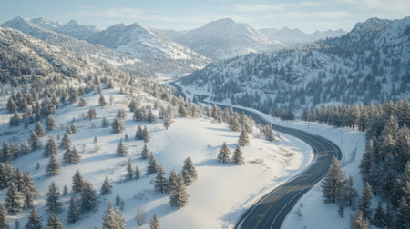 Scenic shot of a mountain road meandering through a snowy landscape, with pristine white snow covering the surrounding peaks and evergreen trees.の素材