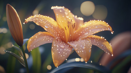 High-resolution view of a flower with dew drops on its petals, featuring a soft focus on the droplets to emphasize their sparkling and fresh appearance.の素材