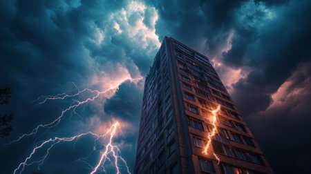 High-resolution view of lightning striking a tall building during a summer thunderstorm, with dramatic illumination and stormy clouds overhead.の素材
