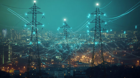 Visualization of electric waves coursing through a futuristic power grid, illustrating the concept of smart cities and renewable energy systems.の素材