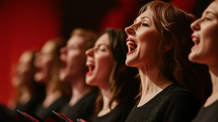 High-resolution shot of a choir in full performance, capturing the singers in mid-song with open mouths and expressive gestures, against a dramatic background.の素材