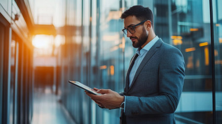 High-resolution view of a young businessman using a tablet to review business reports, with a modern office background, emphasizing technological integration in his work.の素材