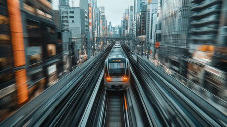 High-resolution view of an electric train speeding through an urban environment, showcasing the blend of modern technology and cityscape.の素材