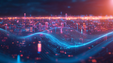 Visualization of electric waves coursing through a futuristic power grid, illustrating the concept of smart cities and renewable energy systems.の素材