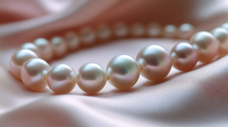 Macro shot of a pearl bracelet resting on a silk fabric, focusing on the soft shimmer and perfect roundness of the pearls.の素材