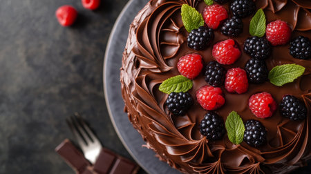 Top-down view of a beautifully decorated chocolate cake with intricate piping and fresh berries, showcasing its rich layers and elegant design.の素材