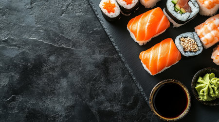 Top-down view of sushi rolls filled with fresh seafood like salmon, tuna, and shrimp, artfully arranged on a black slate board with soy sauce and wasabi.の素材
