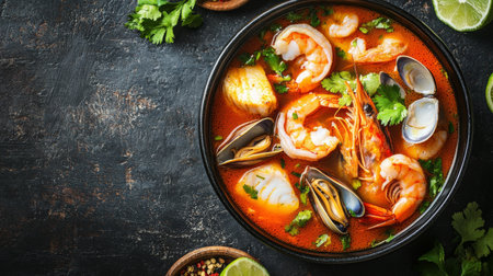Top-down view of a seafood soup bowl, filled with fresh clams, shrimp, and fish fillets in a rich broth, garnished with coriander and lime.の素材