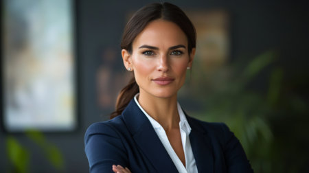 Portrait of a businesswoman with a polished appearance and clear focus, dressed in business attire, reflecting her commitment and leadership qualities.の素材