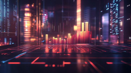 3D bar chart with animated bars showcasing financial growth, set against a backdrop of a high-tech office environmentの素材