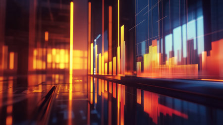 3D bar chart with animated bars showcasing financial growth, set against a backdrop of a high-tech office environmentの素材