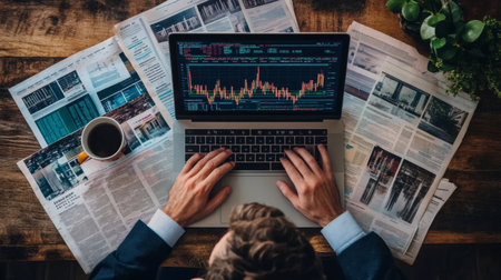 A focused investor reviewing stock market graphs on a laptop at a desk, with financial newspapers and coffee cupの素材