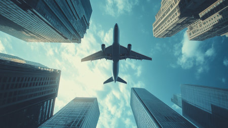Airplane hovering highly in the sky over skyscrapersの素材
